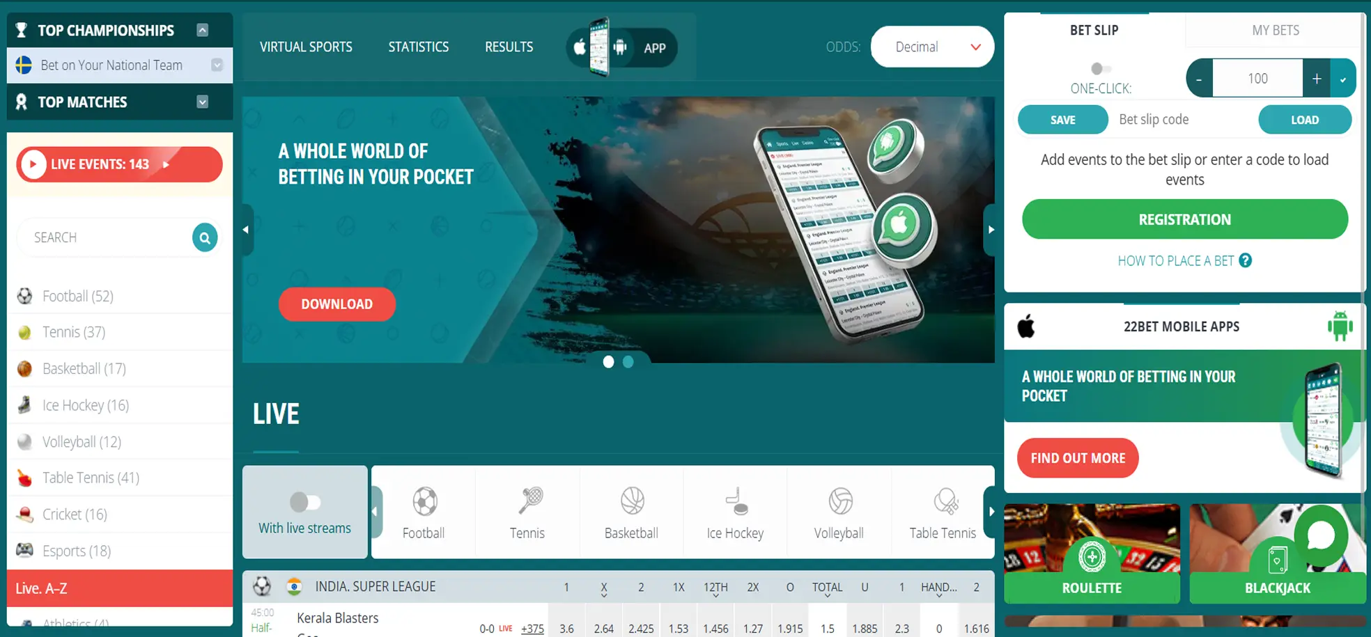 22Bet Live Betting